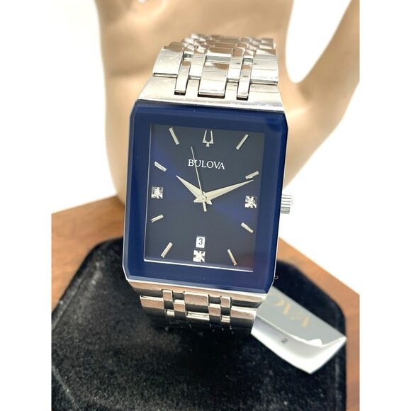 Bulova Men's Watch 96D139 Blue Dial Diamond Accent Rectangle Date Silver Steel